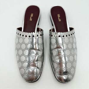 Diane Von Furstenburg Leonora Metallic Silver Leather Laser Cut Slide Mules